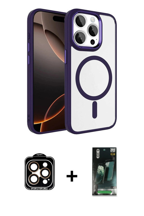 ieg™ iPhone 15 Pro Max Kılıf Kıvılcım Prime - Şeffaf 360 Full Body Arka Koruyucu + Turuncu PVD Metal