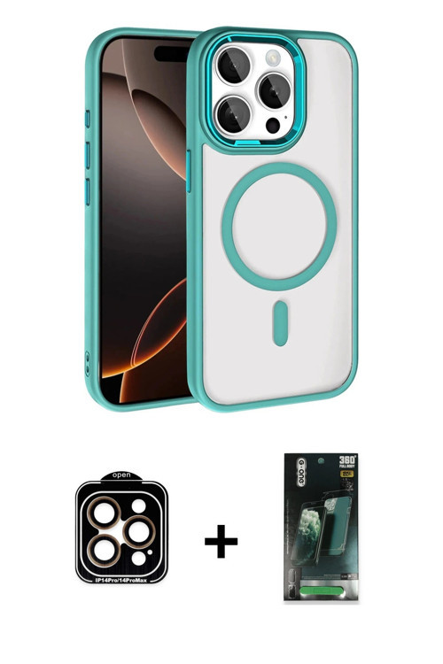 ieg™ iPhone 15 Pro Max Kılıf Kıvılcım Prime - Şeffaf 360 Full Body Arka Koruyucu + Turuncu PVD Metal