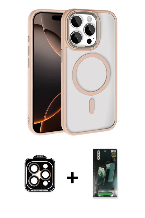 ieg™ iPhone 15 Pro Max Kılıf Kıvılcım Prime - Şeffaf 360 Full Body Arka Koruyucu + Turuncu PVD Metal