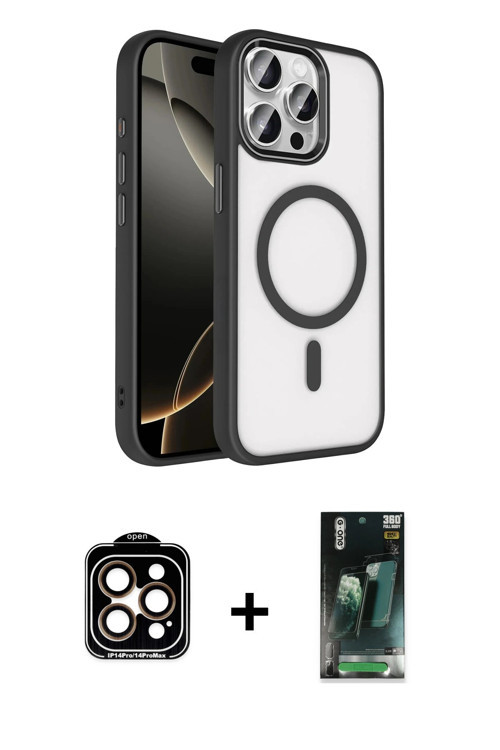 ieg™ iPhone 15 Pro Max Kılıf Kıvılcım Prime - Şeffaf 360 Full Body Arka Koruyucu + Turuncu PVD Metal