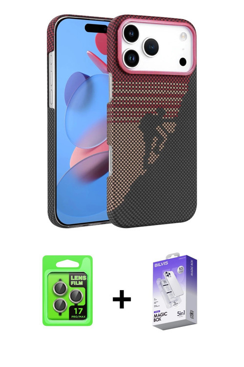 iPhone 17 Pro Kılıf Doruk Serisi - Siyah Bilvis 5in1 3D Magic Cam Ekran Koruyucu + Gri Raze Met