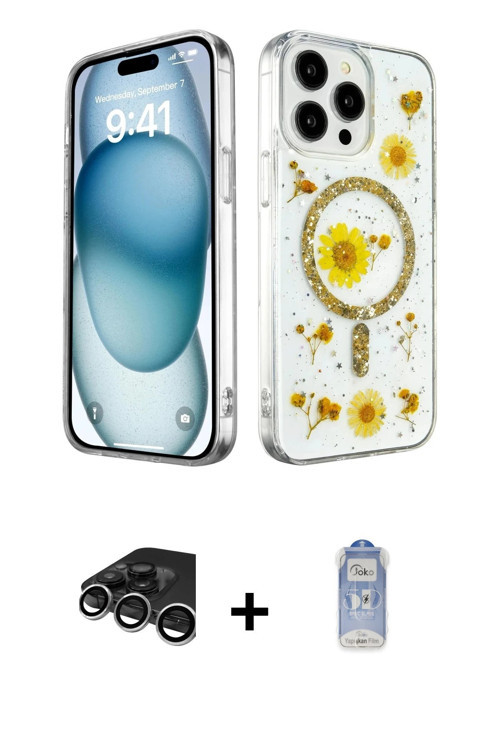 ieg™ iPhone 15 Pro Max Kılıf Kozmos Doku - Siyah Joko Magic 5D Cam + Gümüş Raze Metal Kamera Lens