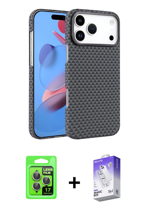 iPhone 17 Pro Kılıf Doruk Serisi - Siyah Bilvis 5in1 3D Magic Cam Ekran Koruyucu + Gri Raze Met