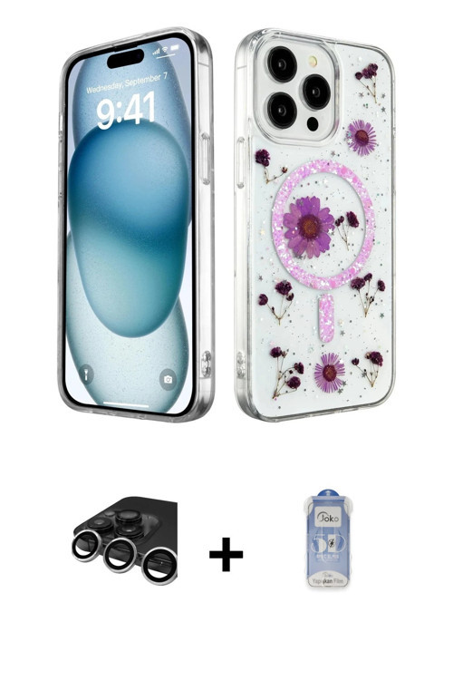 ieg™ iPhone 15 Pro Max Kılıf Kozmos Doku - Siyah Joko Magic 5D Cam + Gümüş Raze Metal Kamera Lens
