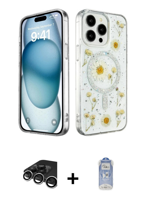 ieg™ iPhone 15 Pro Max Kılıf Kozmos Doku - Siyah Joko Magic 5D Cam + Gümüş Raze Metal Kamera Lens