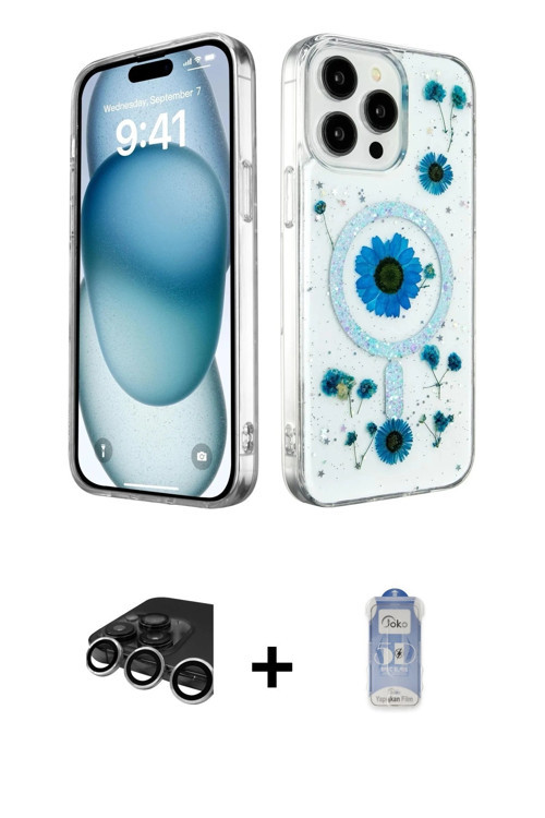 ieg™ iPhone 15 Pro Max Kılıf Kozmos Doku - Siyah Joko Magic 5D Cam + Gümüş Raze Metal Kamera Lens