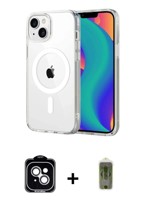 ieg™ iPhone 14 Kılıf Ahenk Minimal Serisi - Siyah Joko Magic 5D Hayalet Cam + Gümüş PVD Metal Kamera