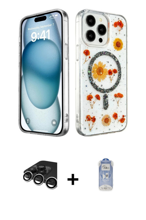 ieg™ iPhone 15 Pro Max Kılıf Kozmos Doku - Siyah Joko Magic 5D Cam + Gümüş Raze Metal Kamera Lens