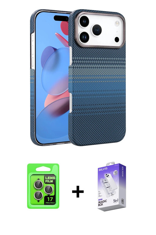 iPhone 17 Pro Kılıf Doruk Serisi - Siyah Bilvis 5in1 3D Magic Cam Ekran Koruyucu + Gri Raze Met