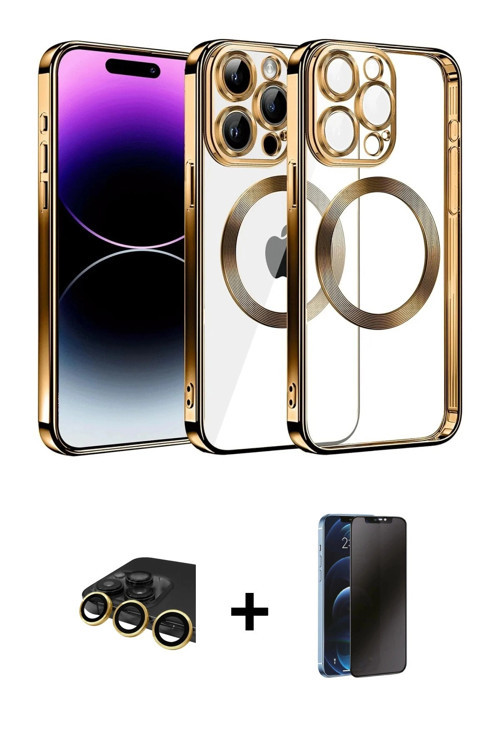 ieg™ iPhone 13 Pro Max Kılıf Pusula Form - Siyah 3D Antistatik Hayalet Cam Ekran Koruyucu + Gold Raz