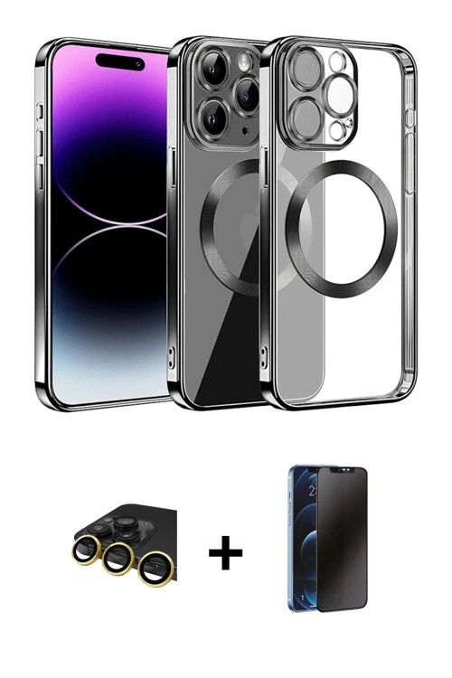 ieg™ iPhone 13 Pro Max Kılıf Pusula Form - Siyah 3D Antistatik Hayalet Cam Ekran Koruyucu + Gold Raz