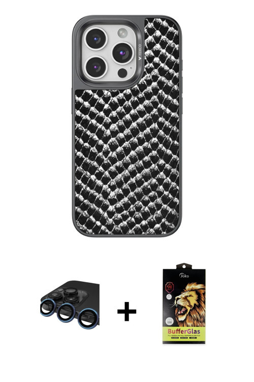 ieg™ iPhone 15 Pro Max Kılıf Vadi Özel Seri - Siyah Buffer Cam Ekran Koruyucu + Lacivert Raze Metal
