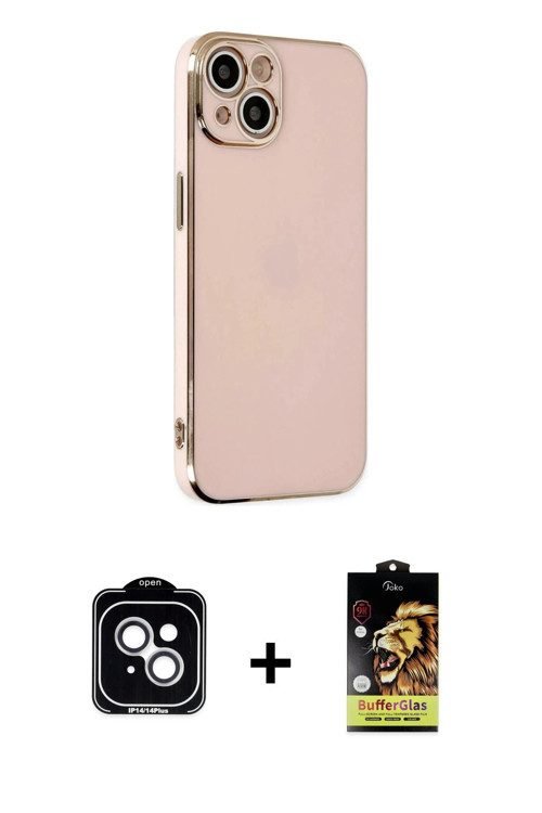 ieg™ iPhone 14 Kılıf Yankı Serisi - Siyah Buffer Cam Ekran Koruyucu + Gümüş PVD Metal Kamera Lens