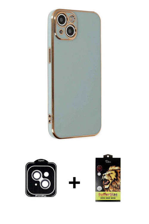 ieg™ iPhone 14 Kılıf Yankı Serisi - Siyah Buffer Cam Ekran Koruyucu + Gümüş PVD Metal Kamera Lens
