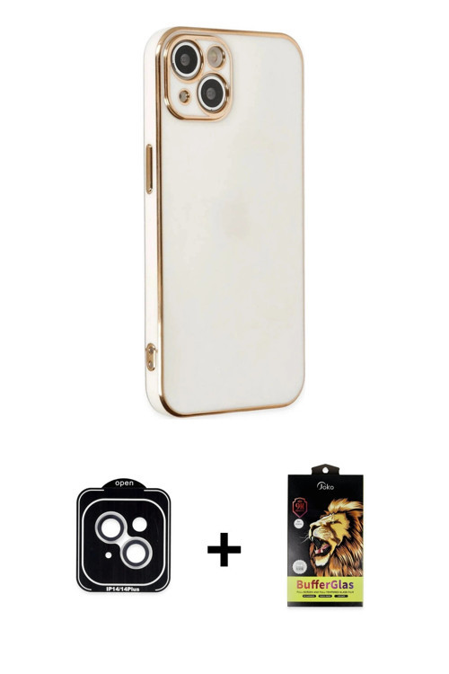 ieg™ iPhone 14 Kılıf Yankı Serisi - Siyah Buffer Cam Ekran Koruyucu + Gümüş PVD Metal Kamera Lens