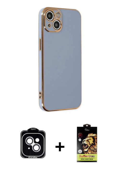 ieg™ iPhone 14 Kılıf Yankı Serisi - Siyah Buffer Cam Ekran Koruyucu + Gümüş PVD Metal Kamera Lens