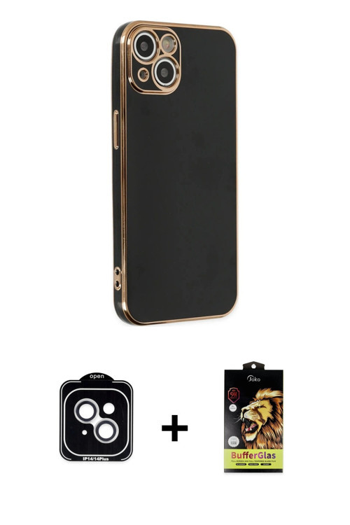 ieg™ iPhone 14 Kılıf Yankı Serisi - Siyah Buffer Cam Ekran Koruyucu + Gümüş PVD Metal Kamera Lens