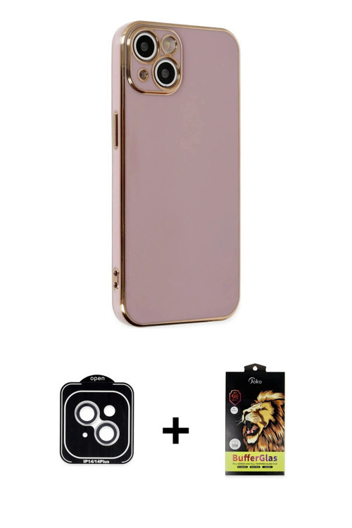 ieg™ iPhone 14 Kılıf Yankı Serisi - Siyah Buffer Cam Ekran Koruyucu + Gümüş PVD Metal Kamera Lens