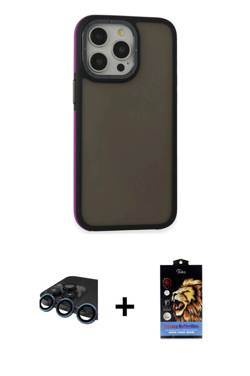 ieg™ iPhone 15 Pro Kılıf Eksen Işık - Siyah Buffer Hayalet Cam Ekran Koruyucu + Lacivert Raze Metal
