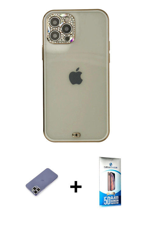 ieg™ iPhone 12 Pro Max Kılıf Eksen Minimal Koleksiyonu - Siyah 5D Eko Cam Ekran Koruyucu + Gold Meta