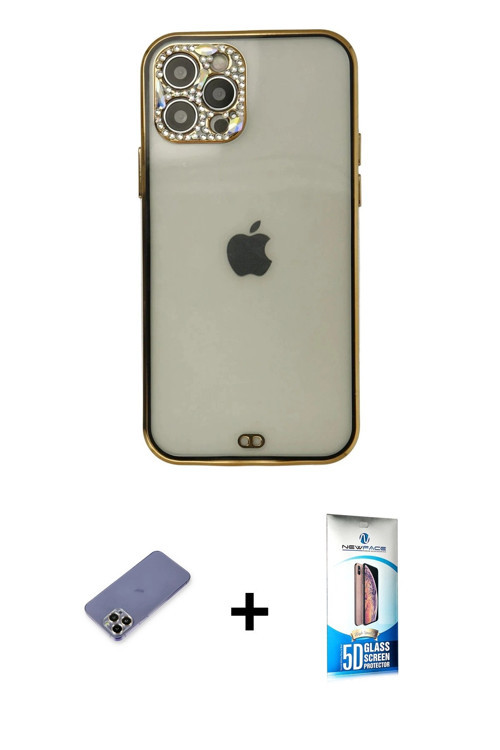 ieg™ iPhone 12 Pro Max Kılıf Eksen Minimal Koleksiyonu - Siyah 5D Eko Cam Ekran Koruyucu + Gold Meta