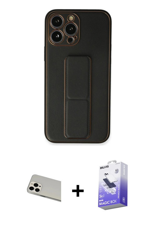 ieg™ iPhone 13 Pro Max Kılıf Akış Doku - Siyah Bilvis 5in1 5D Magic Hayalet Cam Ekran Koruyucu + Bey