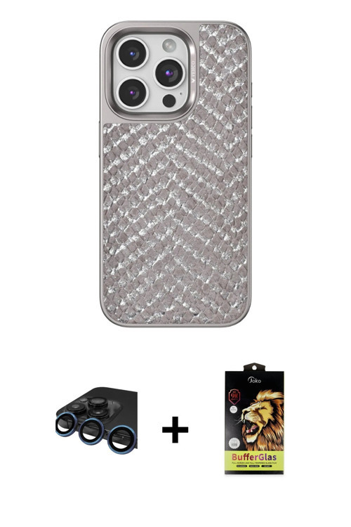 ieg™ iPhone 15 Pro Max Kılıf Vadi Özel Seri - Siyah Buffer Cam Ekran Koruyucu + Lacivert Raze Metal