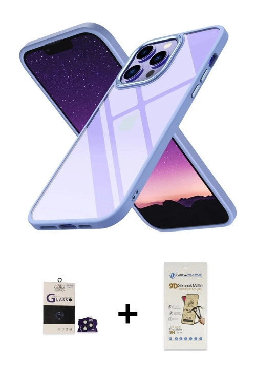 ieg™ iPhone 14 Pro Max Kılıf Nova Işık Serisi - Siyah Mat Seramik Nano Ekran Koruyucu + Derin Mor Bi