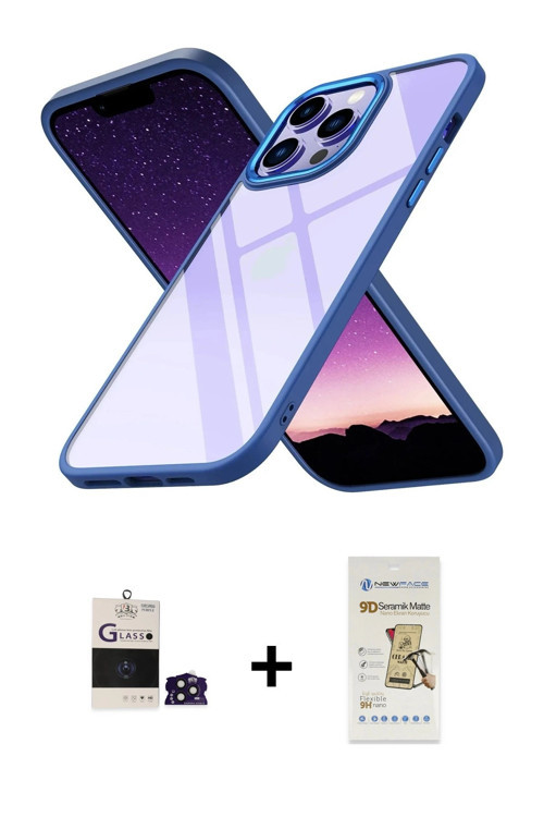 ieg™ iPhone 14 Pro Max Kılıf Nova Işık Serisi - Siyah Mat Seramik Nano Ekran Koruyucu + Derin Mor Bi