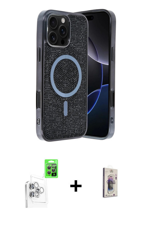 ieg™ iPhone 16 Pro Kılıf Eksen Çizgi - Siyah Bilvis 3D Cam Ekran Koruyucu + Beyaz Raze Metal Kamera