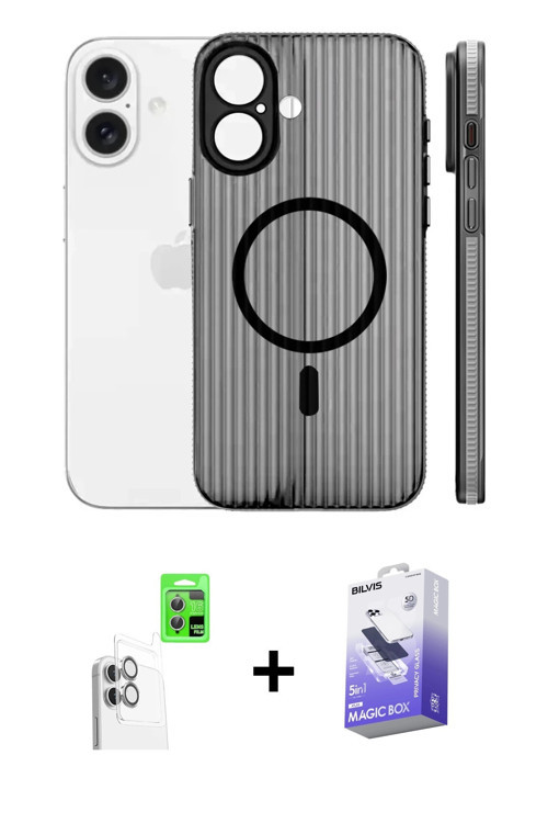 iPhone 16 Kılıf Pusula Minimal Koleksiyonu - Siyah Bilvis 5in1 5D Magic Hayalet Cam Ekran Koruy