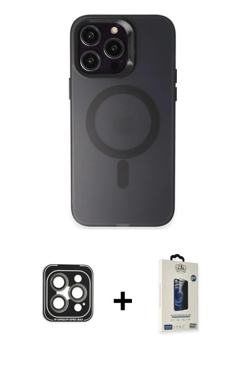 ieg™ iPhone 15 Pro Max Kılıf Kozmos Çizgi Prime - Siyah Bilvis Hayalet Cam Ekran Koruyucu + Gri PVD
