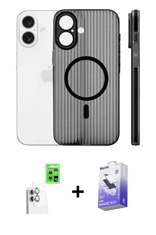 iPhone 16 Kılıf Pusula Minimal Koleksiyonu - Siyah Bilvis 5in1 5D Magic Hayalet Cam Ekran Koruy