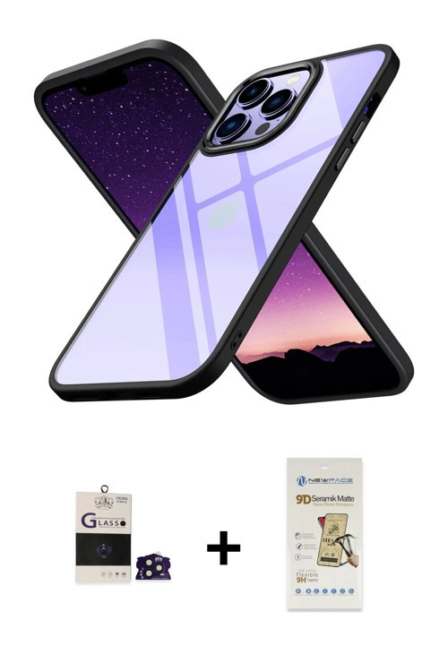ieg™ iPhone 14 Pro Max Kılıf Nova Işık Serisi - Siyah Mat Seramik Nano Ekran Koruyucu + Derin Mor Bi