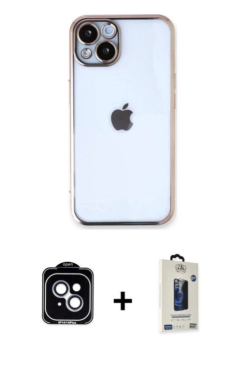ieg™ iPhone 14 Kılıf Vadi Minimal - Siyah Bilvis Hayalet Cam Ekran Koruyucu + Mavi PVD Metal Kamera