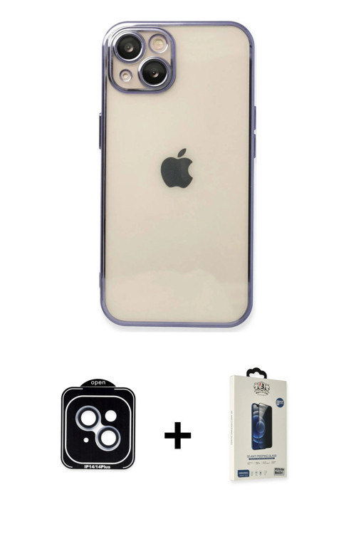 ieg™ iPhone 14 Kılıf Vadi Minimal - Siyah Bilvis Hayalet Cam Ekran Koruyucu + Mavi PVD Metal Kamera
