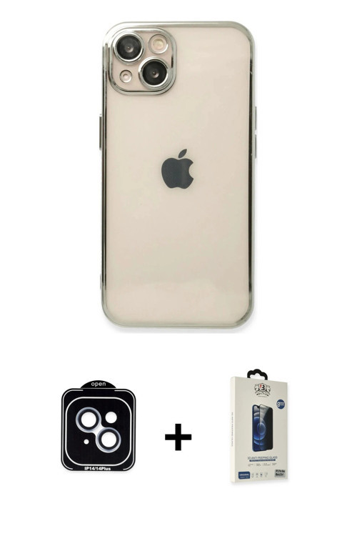 ieg™ iPhone 14 Kılıf Vadi Minimal - Siyah Bilvis Hayalet Cam Ekran Koruyucu + Mavi PVD Metal Kamera