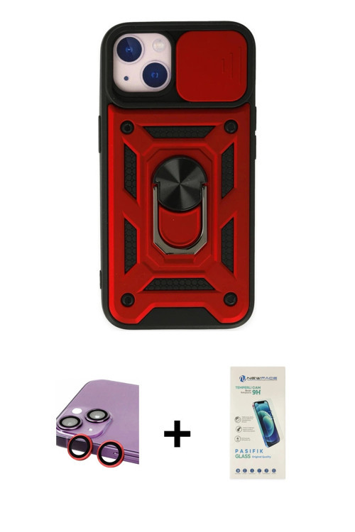ieg™ iPhone 14 Kılıf Ahenk Klasik - Şeffaf Pasifik Cam Ekran Koruyucu + Kırmızı Raze Metal Kamera Le