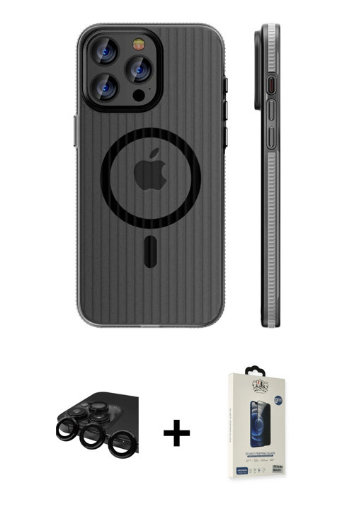ieg™ iPhone 15 Pro Max Kılıf Pusula Minimal Koleksiyonu - Siyah Bilvis Hayalet Cam Ekran Koruyucu +