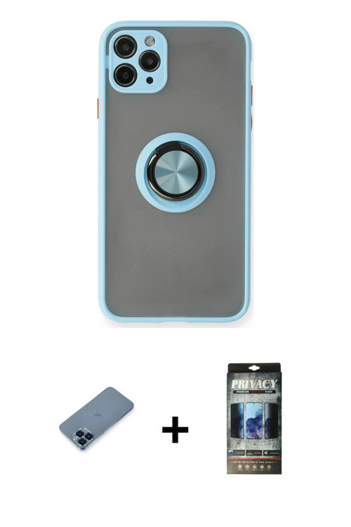 ieg™ iPhone 11 Pro Max Kılıf Yörünge Çizgi - Siyah 34D Hayalet Izgaralı Cam + Mavi Metal Kamera Lens