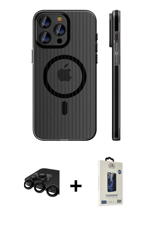 ieg™ iPhone 15 Pro Max Kılıf Pusula Minimal Koleksiyonu - Siyah Bilvis Hayalet Cam Ekran Koruyucu +