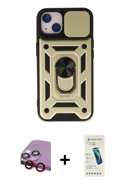 ieg™ iPhone 14 Kılıf Ahenk Klasik - Şeffaf Pasifik Cam Ekran Koruyucu + Kırmızı Raze Metal Kamera Le