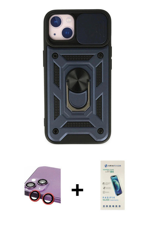 ieg™ iPhone 14 Kılıf Ahenk Klasik - Şeffaf Pasifik Cam Ekran Koruyucu + Kırmızı Raze Metal Kamera Le