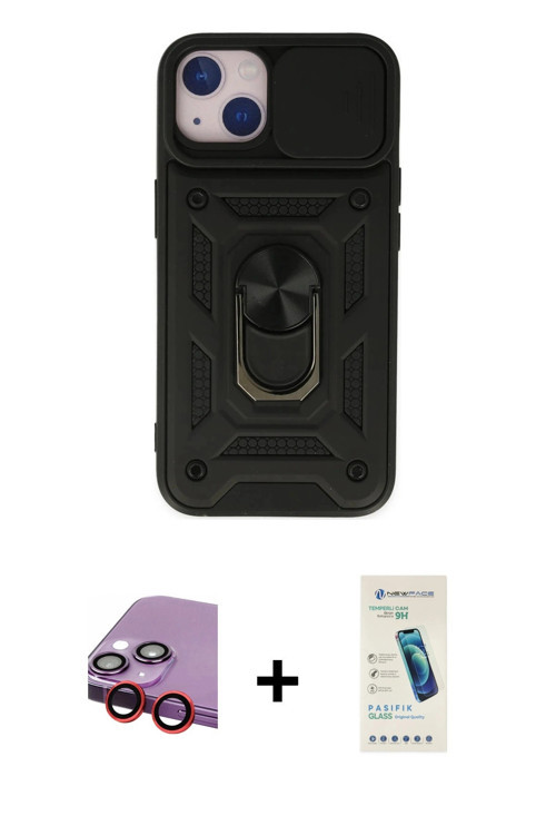 ieg™ iPhone 14 Kılıf Ahenk Klasik - Şeffaf Pasifik Cam Ekran Koruyucu + Kırmızı Raze Metal Kamera Le