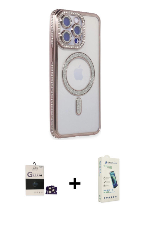 ieg™ iPhone 14 Pro Max Kılıf Zirve Doku Prime - Şeffaf Pasifik Cam Ekran Koruyucu + Gold Bilvis Tita