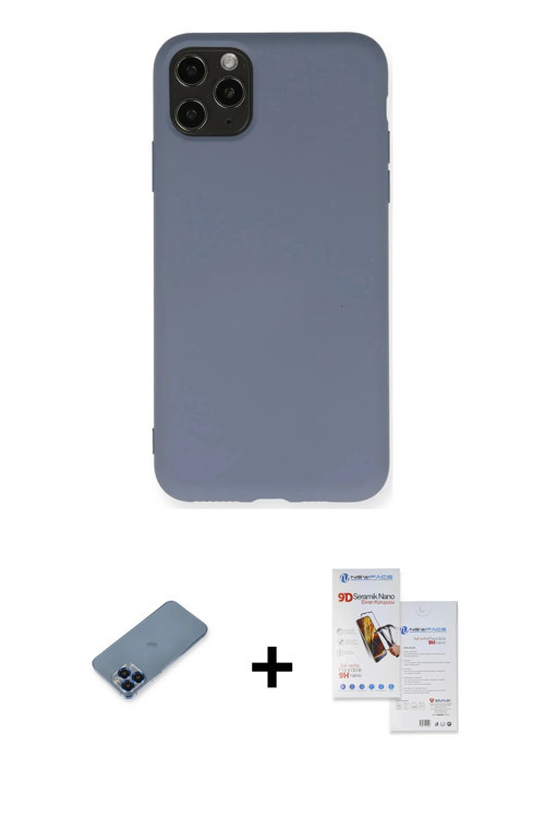 ieg™ iPhone 11 Pro Max Kılıf Ahenk Serisi - Siyah Seramik Nano Ekran Koruyucu + Mavi Metal Kamera Le