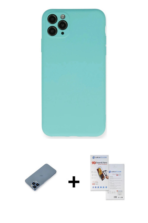 ieg™ iPhone 11 Pro Max Kılıf Ahenk Serisi - Siyah Seramik Nano Ekran Koruyucu + Mavi Metal Kamera Le