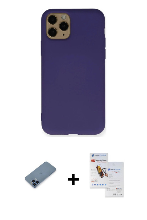 ieg™ iPhone 11 Pro Max Kılıf Ahenk Serisi - Siyah Seramik Nano Ekran Koruyucu + Mavi Metal Kamera Le