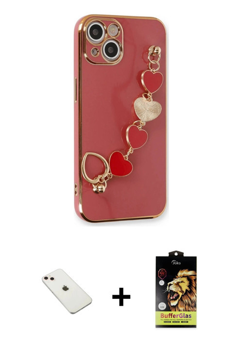 ieg™ iPhone 14 Kılıf Nova Işık Prime - Siyah Buffer Cam Ekran Koruyucu + Pembe Diamond Kamera Lens