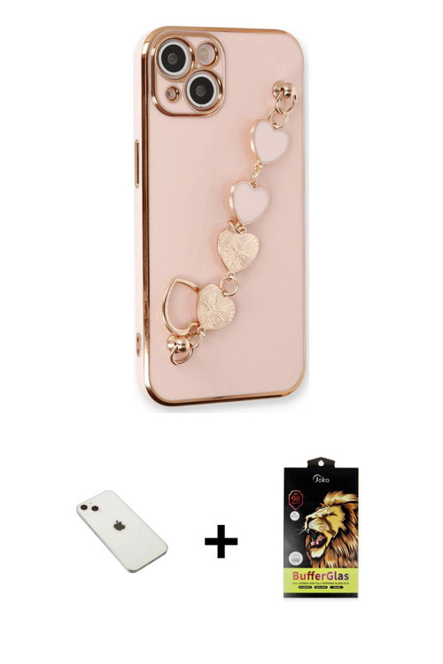 ieg™ iPhone 14 Kılıf Nova Işık Prime - Siyah Buffer Cam Ekran Koruyucu + Pembe Diamond Kamera Lens